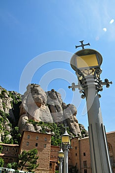Mountain massive Montserrat and street lamp