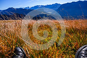 Mountain meadow and peaks with shoes.