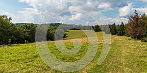 Mountain meadow with trees around and hills on the background on Jankova hill in Mala Fatra mountains in Slovakia