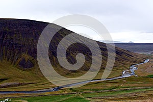 Mountain, meadows and valley in Iceland.