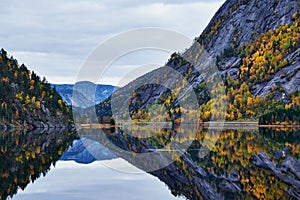 Mountain mirroring in calm waters