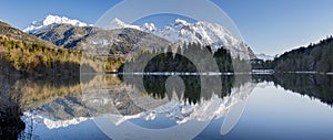 Mountain mirroring in lake