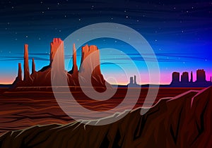 Mountain and Monument Valley, Night panoramic view, peaks, landscape early in daylight. travel or camping, climbing