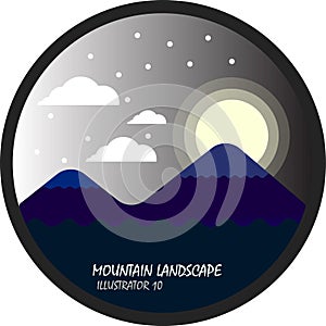 Mountain and moon dark night with cloud and snow, flat vector and illustration circle landscape