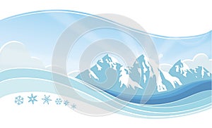 Mountain morning winter landscape, snow panorama vector background