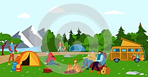 Mountain nature place outdoor hike camper travel, group of traveler vacation relax trailer house flat vector