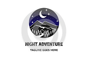 Mountain Night with Pine Cedar Conifer Evergreen Fir Cypress Larch Trees Forest for Outdoor Adventure Logo Design Vector