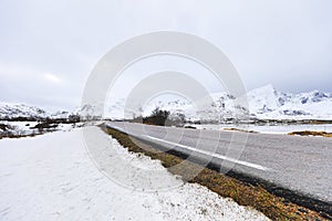 Mountain Norway road and scenic landscape of Lofoten islands.