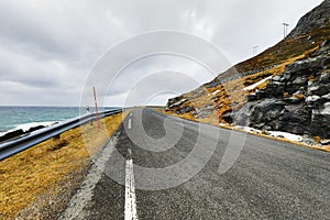 Mountain Norway road and scenic landscape of Lofoten islands.