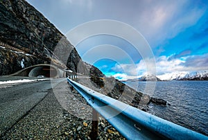 Mountain Norway road and scenic landscape of Lofoten islands.