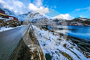Mountain Norway road and scenic landscape of Lofoten islands.