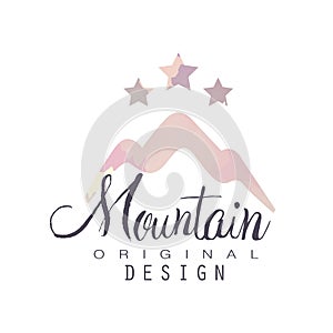 Mountain original design logo template with stars, tourism, hiking and outdoor adventures emblem, retro wilderness badge