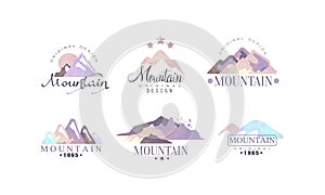 Mountain Original Logo Design Templates Collection, Outdoor Adventures Retro Watercolor Labels Vector Illustration