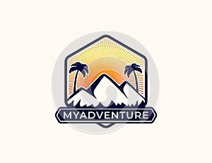 Mountain and palm tree with sunrise illustration logo