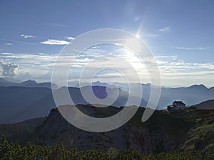 Mountain panorama with accommodation Stoerhaus at Untersberg mountain, Bavaria