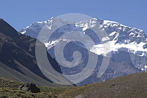 Mountain panorama of Aconcagua, the highest mountain in South America, as seen from South Side, Mendoza, Argentina