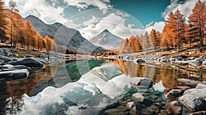 Mountain panorama of a beautiful alpine autumn. Generative AI.