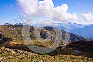 Mountain panorama with blue sky and clouds. Alps Italy. Friuli.