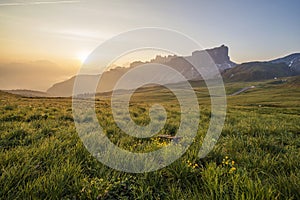 Mountain Panorama of the Dolomites as viewed from passo di Giau as viewed from the mountain pass Giau. Photograph was taken just