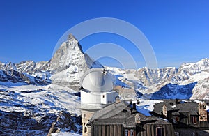The mountain panorama and the glorious view of the Matterhorn from Gornergrat. The Alps, Switzerland.