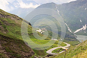 Mountain panorama with mountain inn Glocknerhaus and hairpin curves at Grossglockner High Alpine Road, Austria