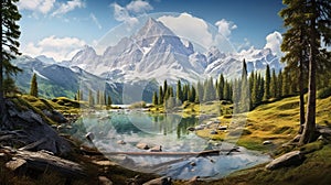 Mountain panorama with lake, forest and blue sky