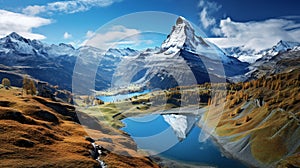 Mountain panorama with lake, forest and blue sky