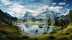 Mountain panorama with lake, forest and blue sky