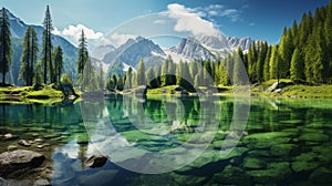 Mountain panorama with lake, forest and blue sky