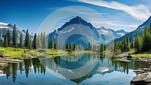 Mountain panorama with lake, forest and blue sky