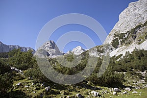 Mountain panorama at mountain lake Seebensee, Austrian Alps