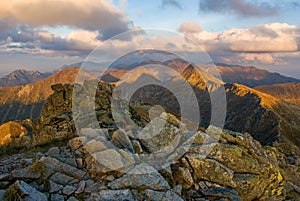 Mountain panorama landscape at dramatic sunset. Alpine tourism and beautiful experiences.