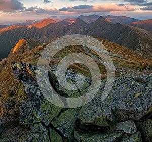 Mountain panorama landscape at dramatic sunset. Alpine tourism and beautiful experiences.