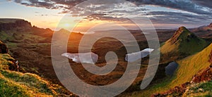 Mountain panorama landscape in Scotland, Quiraing at dramatic sunrise