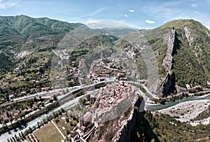 Mountain panorama with the old town of Entreveaux