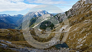 Mountain panorama with pass road on Mangart saddle in Slovenia