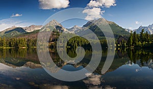 Mountain panorama reflected in Strbske lake