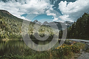 Mountain panorama with reflection flowers blue sky and clouds, British Columbia, Canada