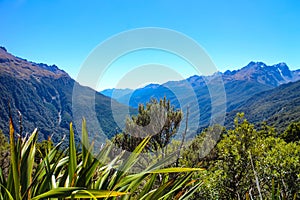 Mountain panorama seen hiking on Key Summit Track, Routeburn Track, New Zealand South Island