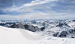 Mountain panorama from the Sulzfluh summit. Winter mountain panorama. Many peaks on the horizon. High quality photo