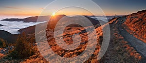 Mountain panorama at sunset with path - Low Tatras