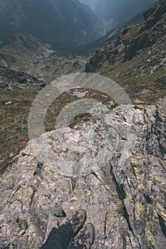 Mountain panorama from top of Banikov peak in Slovakian Tatra mountains with rocky landscape and shadows of hikers in bright day