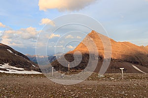 Mountain panorama view with summit Fuscherkarkopf during sunset in Glockner Group, Austria