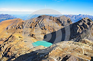 Mountain panorama. view of the Wildsee and the Pizol summit. Beautiful landscape picture with the mountain lake