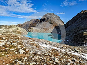 Mountain panorama. view of the Wildsee and the Pizol summit. Beautiful landscape picture with the mountain lake