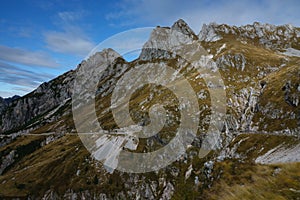 Mountain pass road on Mangart saddle in Slovenia in Autumn