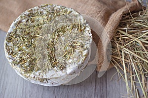 Mountain pasture cheese with hay photo