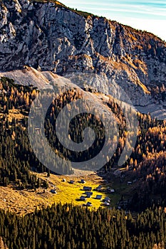 Mountain pasture Laz in distance, autumn time