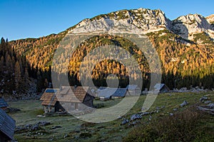 Mountain pasture Laz in early morning, autumn time