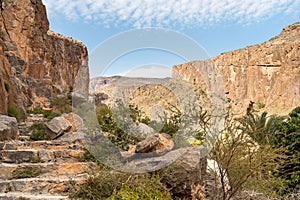 Mountain path with date palm trees oasis at Misfah al Abriyyin or Misfat Al Abriyeen village located in the north of Oman.